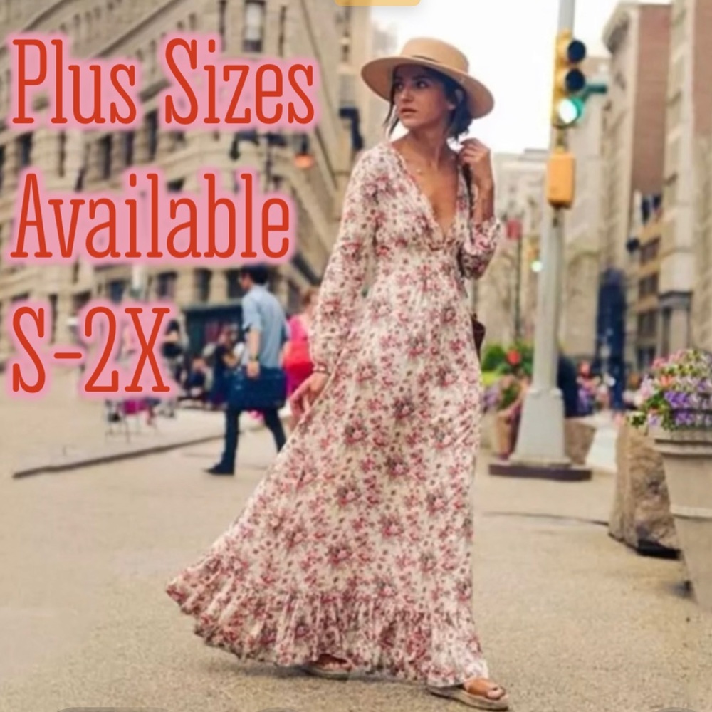 Flowing Blooms Boho Maxi Dress W/Slim Full Skirt, Floral Maxi Dress, Long Sleeve - Picture 6 of 11